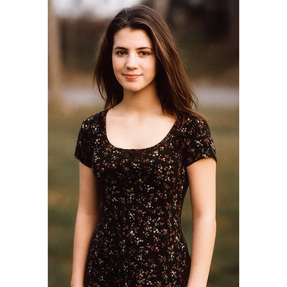 Vtg Justify Y2K Ditsy Dark Floral Ribbed Square Neck Bow Dress L Whimsigoth 90s - Picture 3 of 14